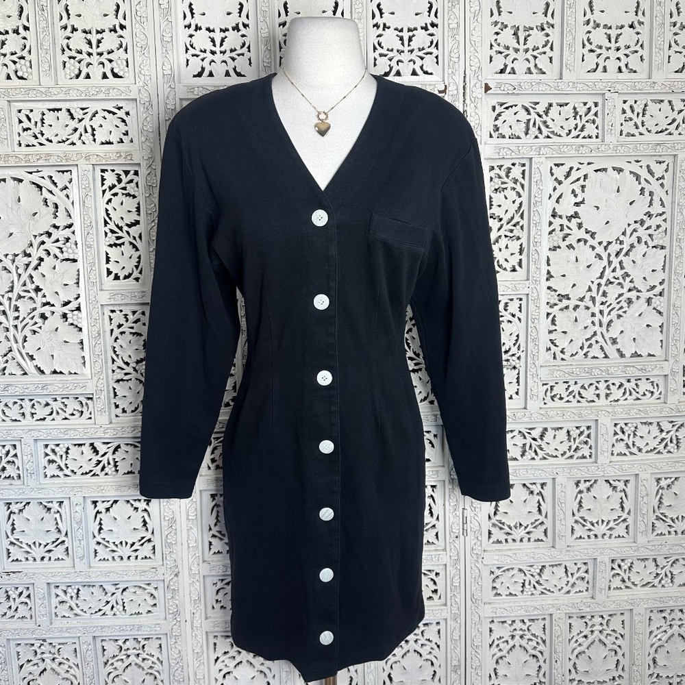 Vintage Brass Plum Nordstrom‎ Black Strong Shoulder Long Sleeve Button Up Dress